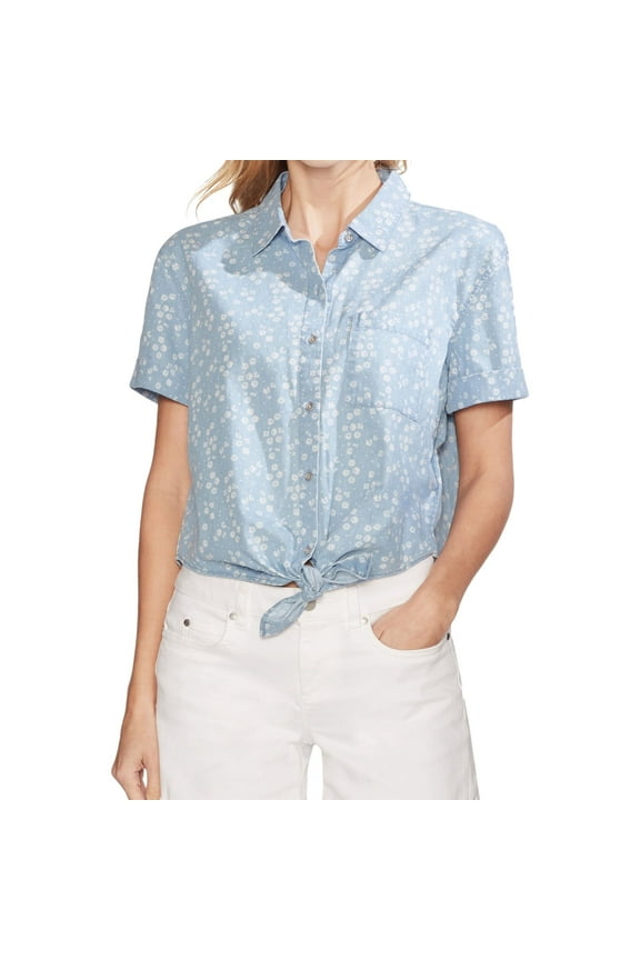 Womens Floral Tie Front Button-Down Top Blue XL