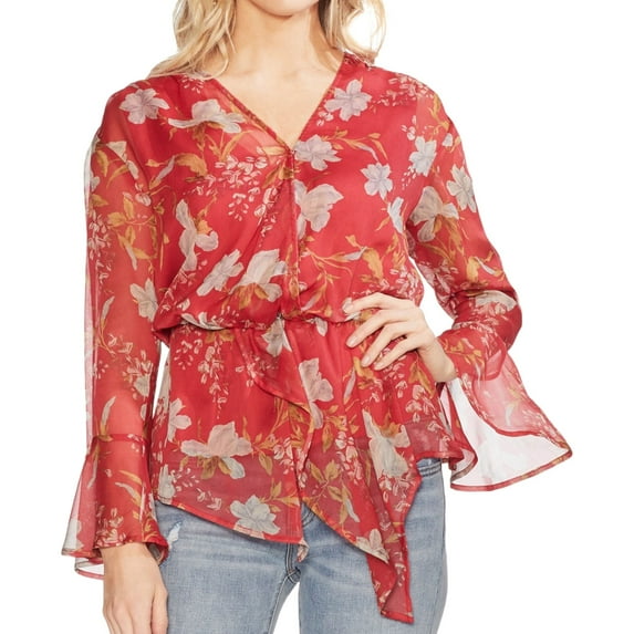 Vince Camuto Womens Flutter Cuff Peplum Blouse, Red, XX-Small