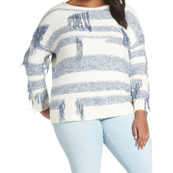 Vince Camuto Womens Fringe Detail Pullover Sweater, Blue, Plus Size, 2X