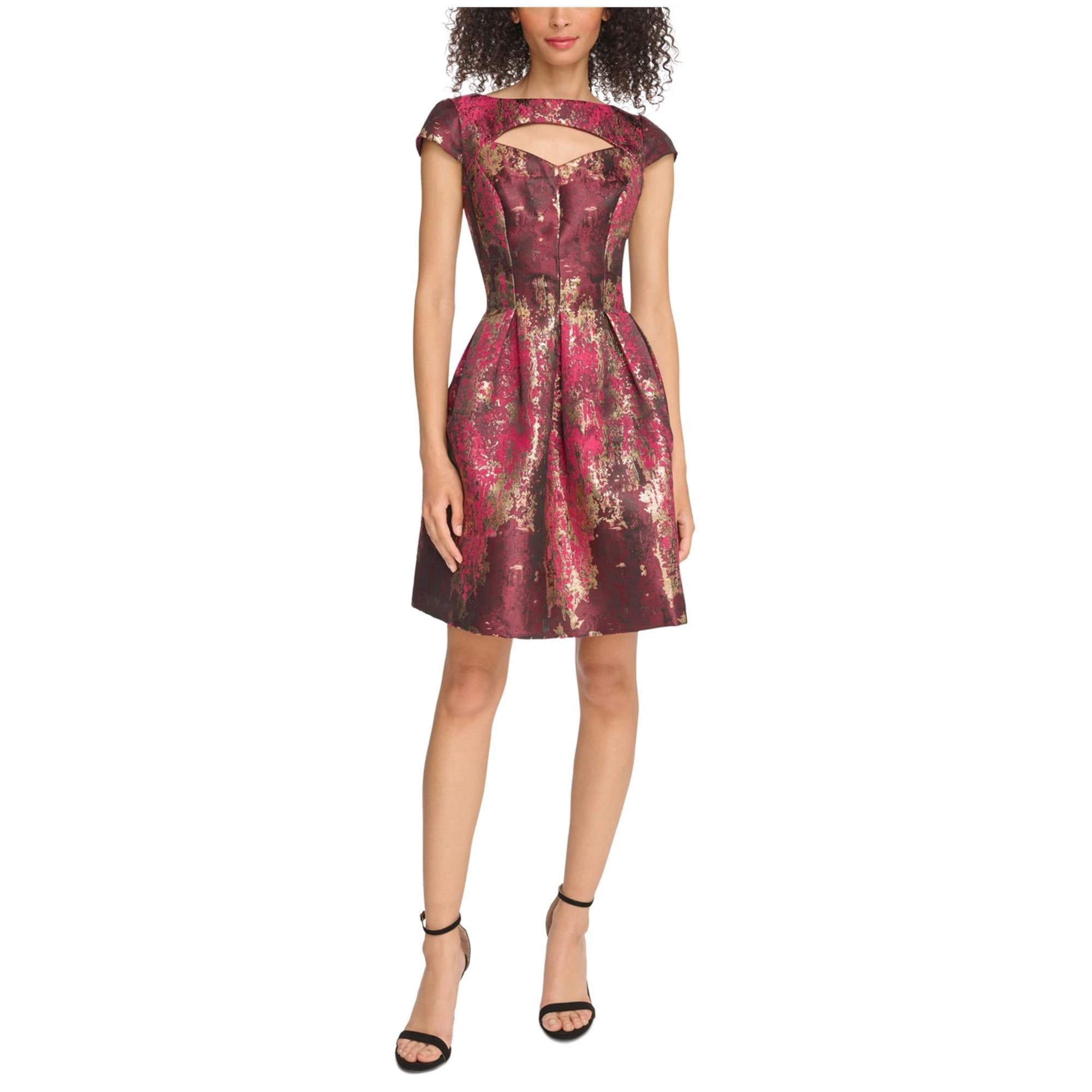 LINI Womens Printed Pouf V Neck Above The Knee Fit + Flare Dress