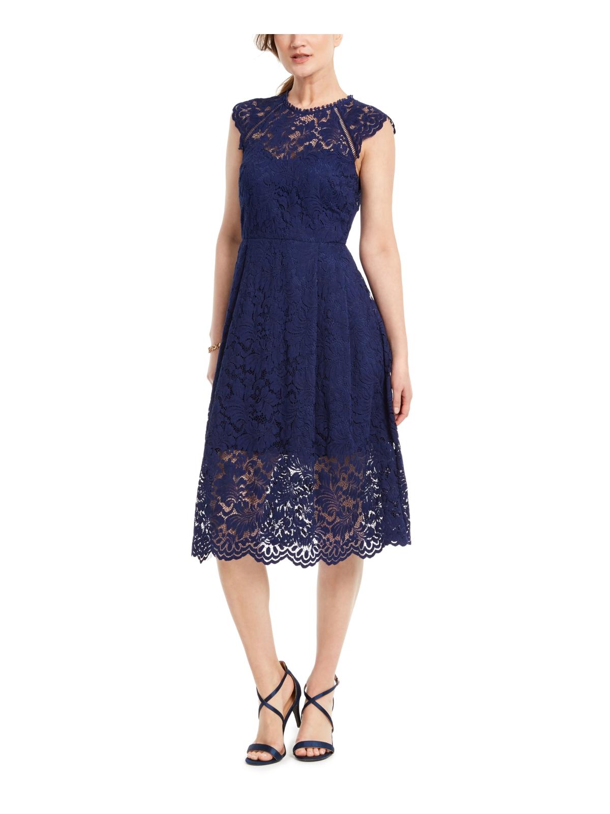 Vince Camuto Womens Lace Midi Cocktail Dress Navy 2 Vince Camuto Womens Lace Midi Cocktail Dress Navy 2