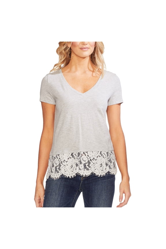 Womens Lace Border Embellished T-Shirt, Grey, X-Small