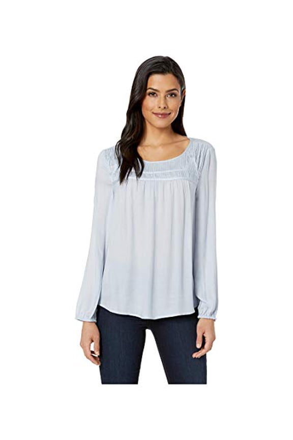 Womens Long Sleeve Ruched Smock Yoke Rayon Twill Blouse Size L