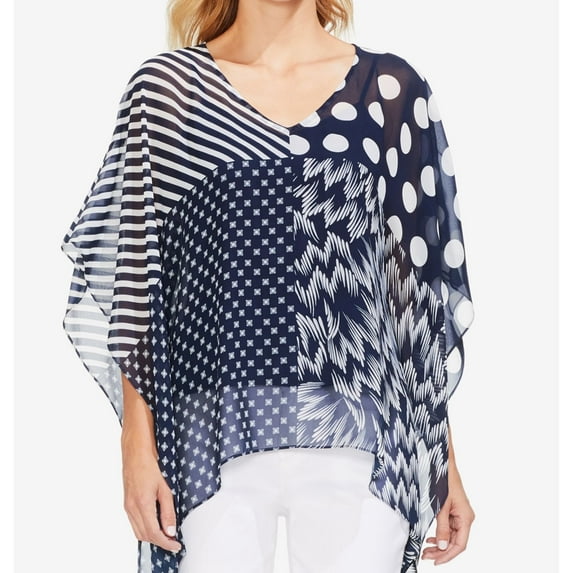 Vince Camuto Womens Maze Patchwork Pullover Blouse, Blue, Large