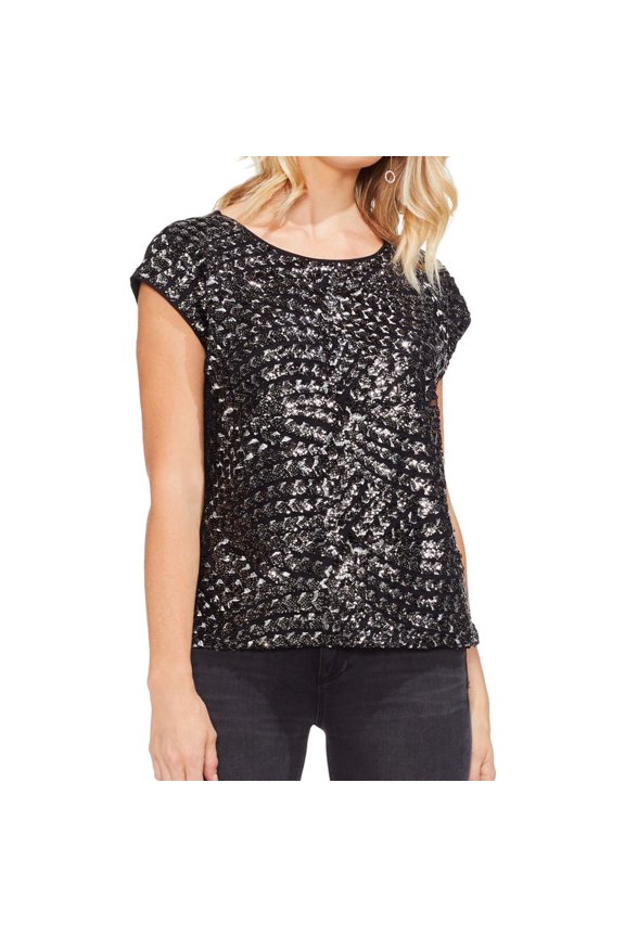 Womens Metallic Sequin Pullover Blouse, Black, Small