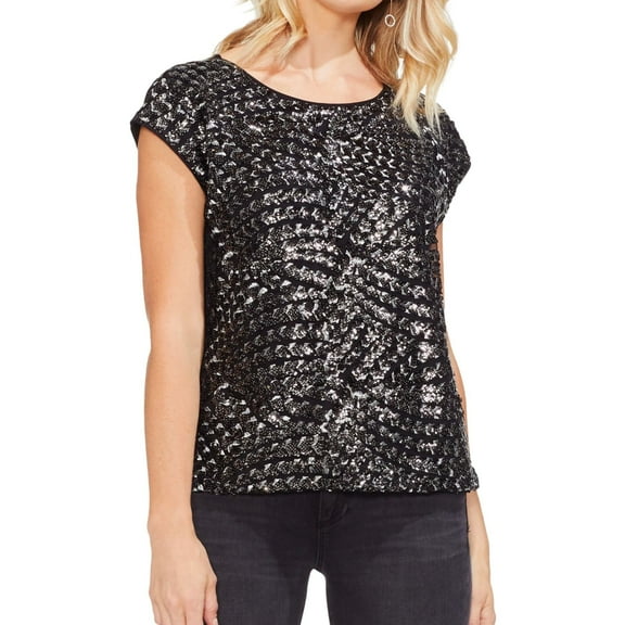 Vince Camuto Womens Metallic Sequin Pullover Blouse, Black, X-Small
