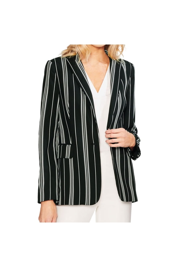 Womens Striped One Button Blazer Jacket, Black, 4