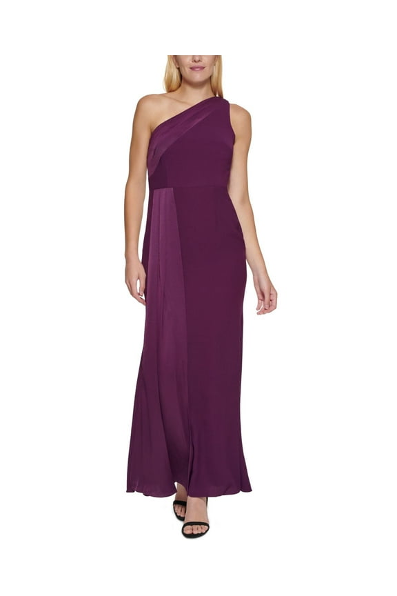 Womens One-Shoulder Side-Pleated Gown Dress, Purple/10