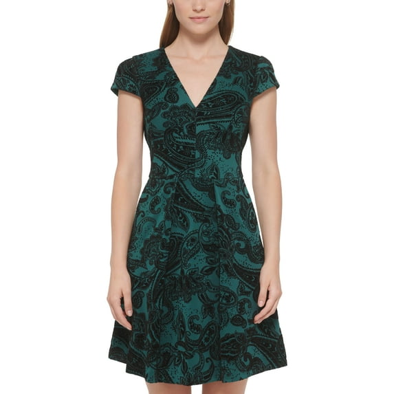 Vince Camuto Womens Paisley Flocked Cap Sleeve Dress Hunter 0