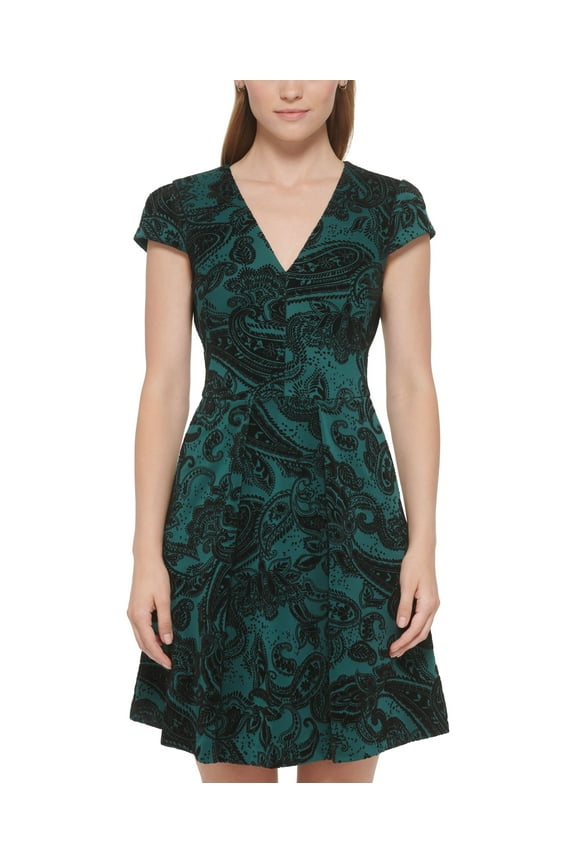 Womens Paisley Flocked Cap Sleeve Dress Hunter 2