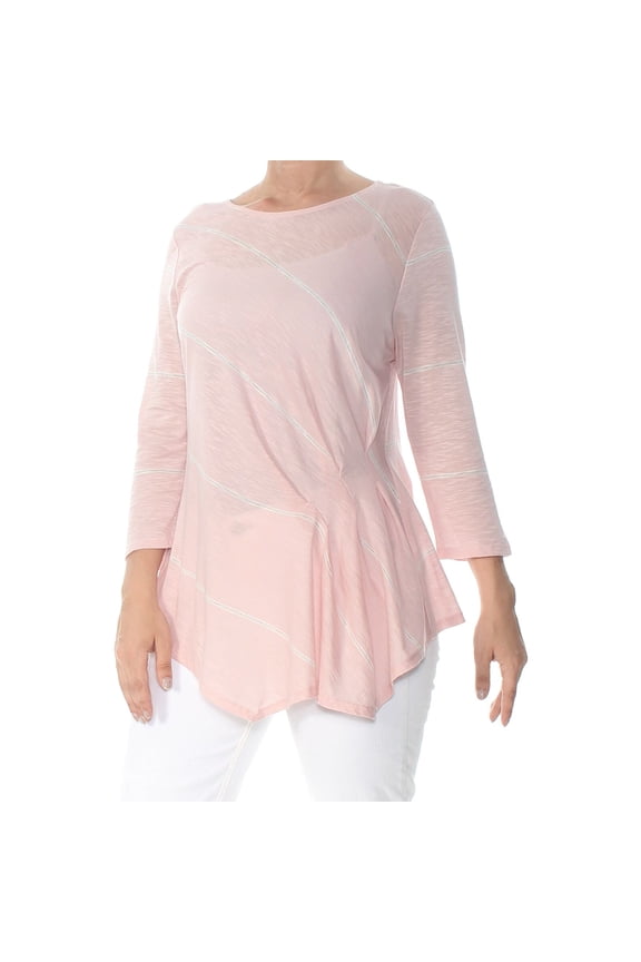 Womens Pink 3/4 Sleeve Striped Ruched Front T Shirt S