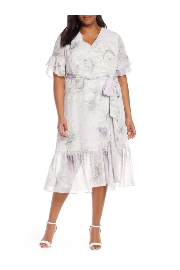 Womens Plus Ruffled Faux Wrap Midi Dress