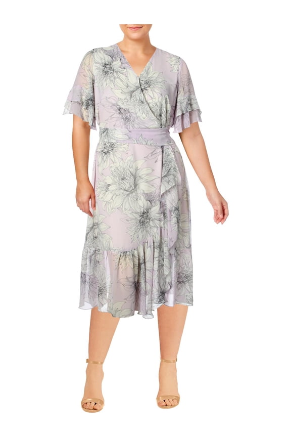 Womens Plus Ruffled Faux Wrap Midi Dress