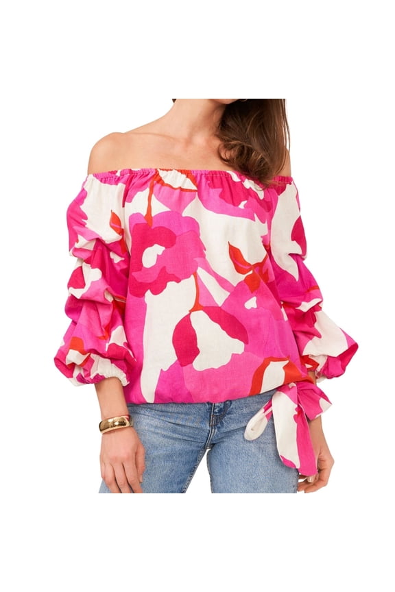 Womens Printed Bubble Sleeve Off the Shoulder Blouse, Pink, X-Small