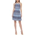 thumbnail image 1 of Vince Camuto Womens Printed High Neck Fit Flare Dress Fit Blue 10, 1 of 1