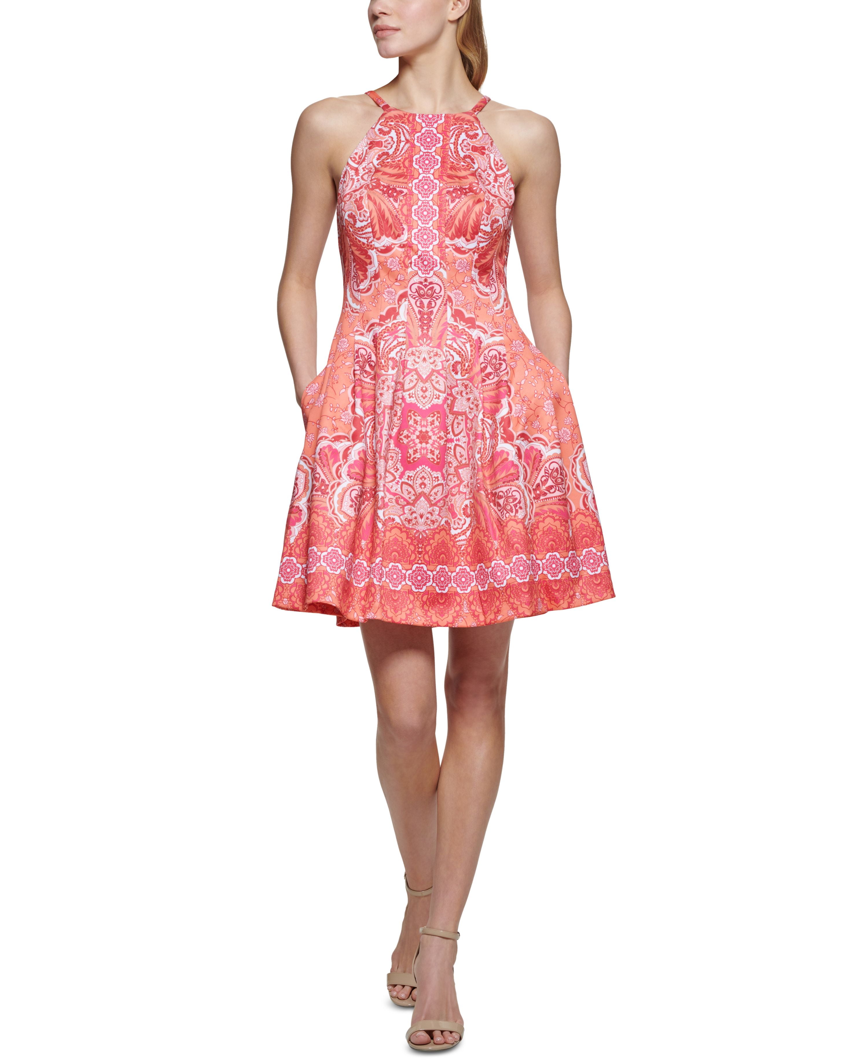 Vince Camuto Womens Printed Scuba Halter Dress Tangerine 4