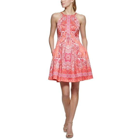 Vince Camuto Womens Printed Scuba Halter Dress Tangerine 4