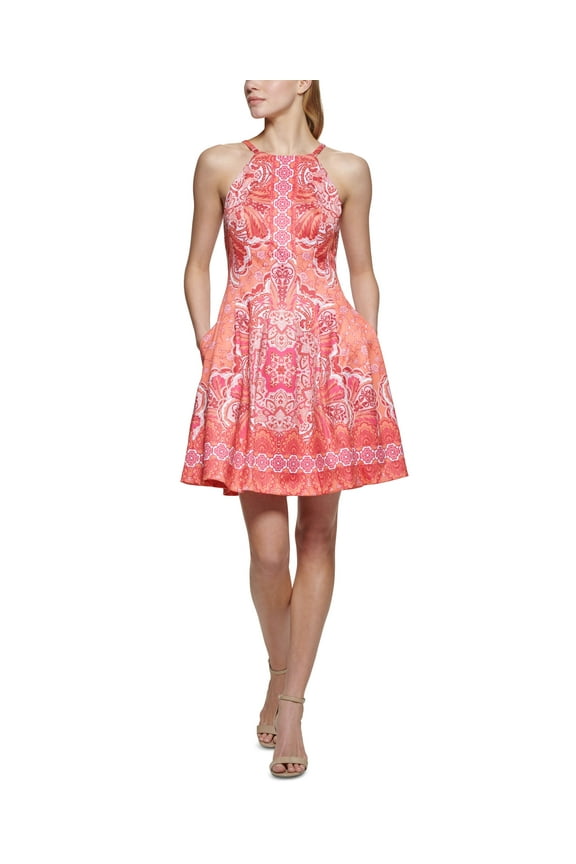 Womens Printed Scuba Halter Dress Tangerine 4