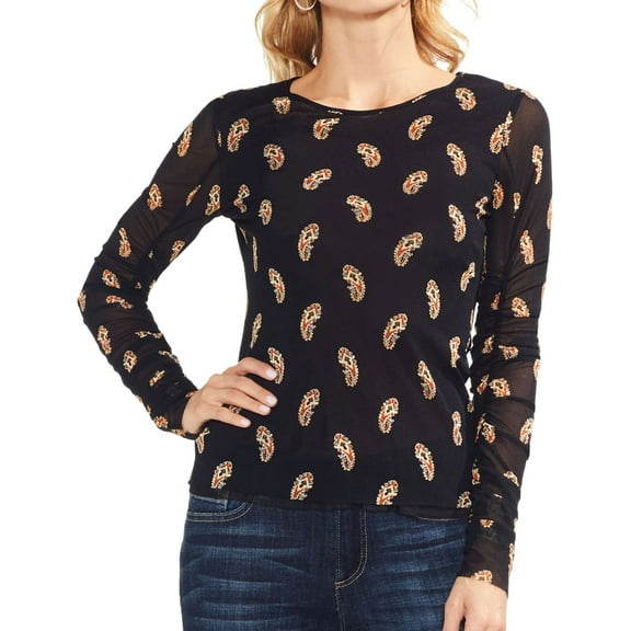 Vince Camuto Womens Ruched Paisley Pullover Blouse, Black, Medium