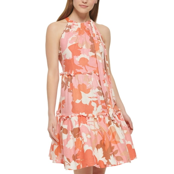 Vince Camuto Womens Printed Tiered Dress Coral 14