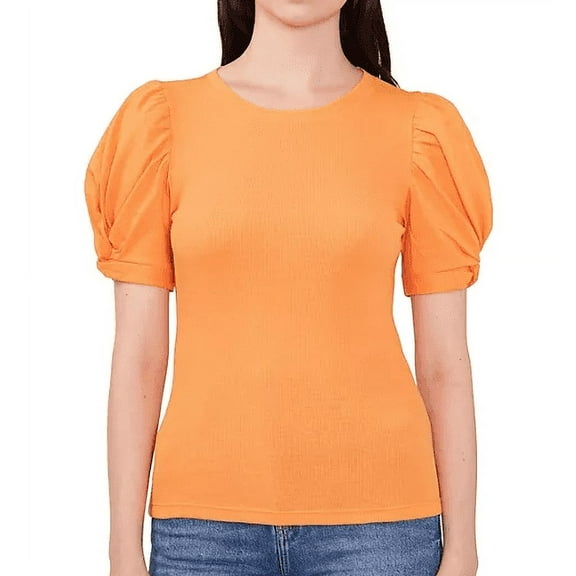 Vince Camuto Women's Short Puff Sleeve Ribbed Crewneck Top (Tangerine, XL)
