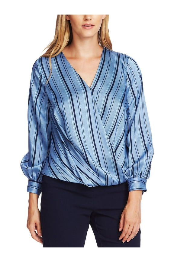 Womens River Valley Striped Office Wear Wrap Top Blue L