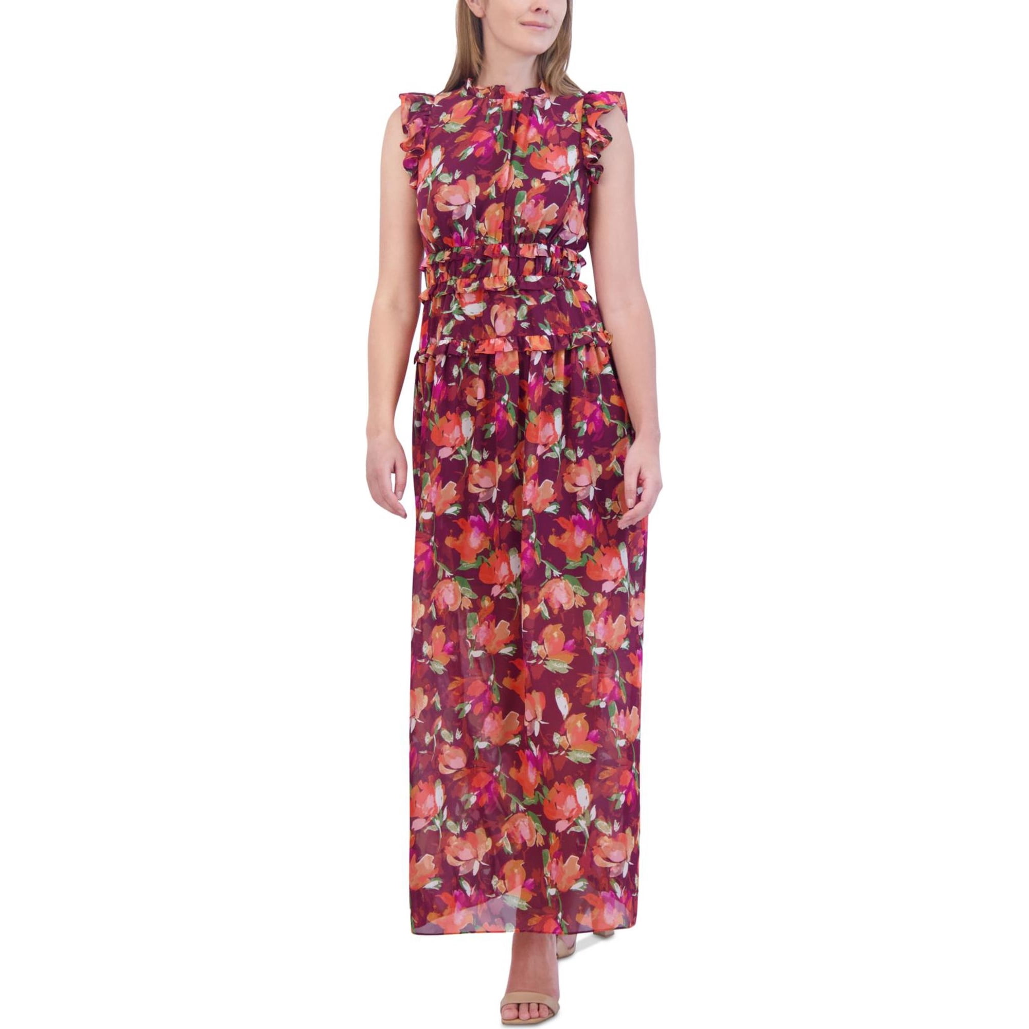 Womens Ruffled Chiffon Maxi Dress, Red, 14