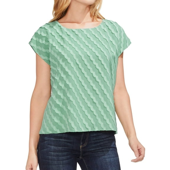 Vince Camuto Womens Scalloped Stripe Pullover Blouse, Green, X-Small