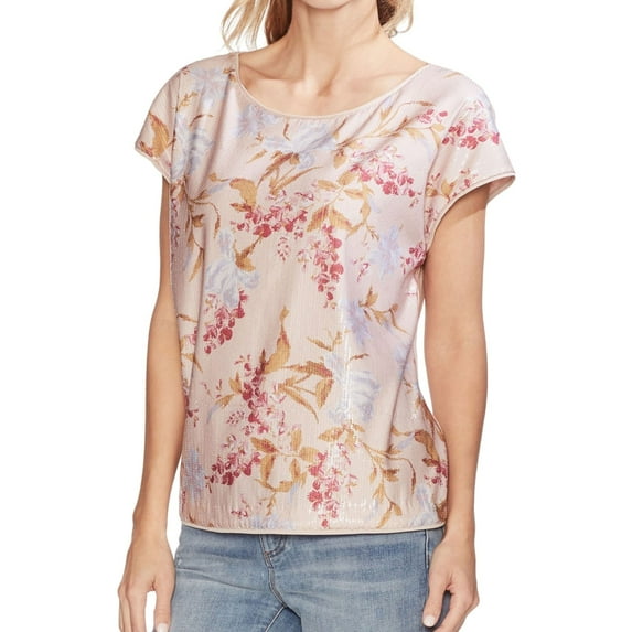 Vince Camuto Womens Sequin Wildflower Pullover Blouse, Pink, Large