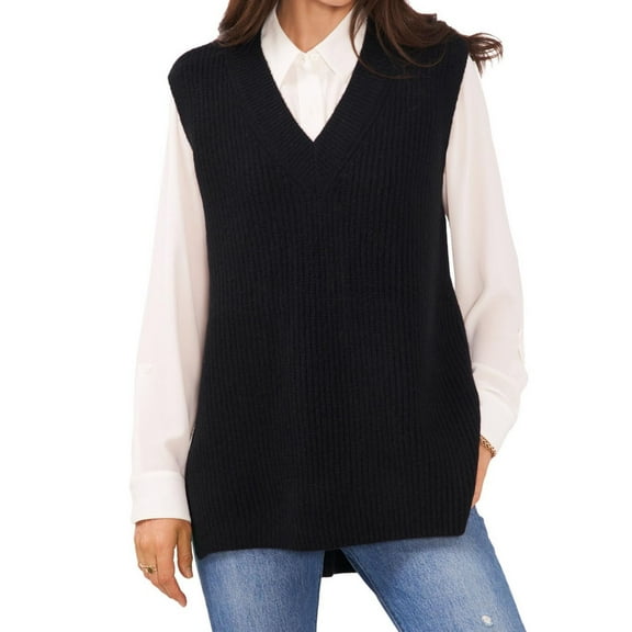 Vince Camuto Womens Shaker High Low Hem Sweater Vest, Black, Medium