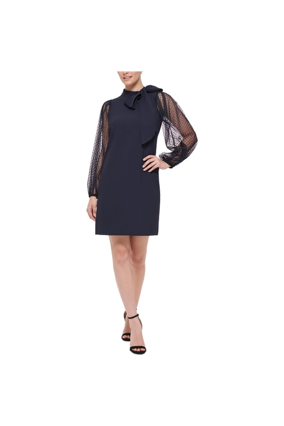 Womens Signature Stretch Crepe Bow Neck Shift Dress, Blue, 2