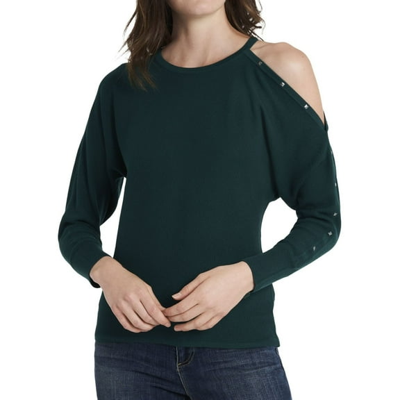 Vince Camuto Womens Studded Cold Shoulder Pullover Sweater, Green, Medium