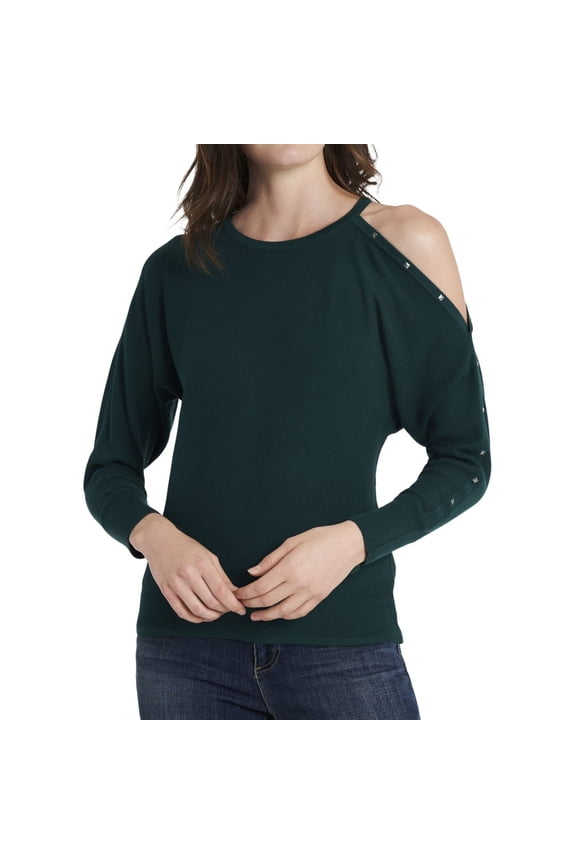 Womens Studded Cold Shoulder Pullover Sweater, Green, Medium