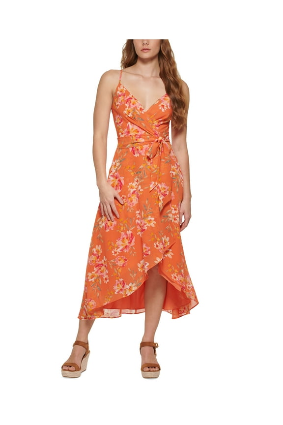 Womens Surplice High Low Midi Dress Tangerine 16