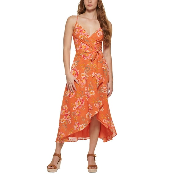 Vince Camuto Womens Surplice High Low Midi Dress Tangerine 2