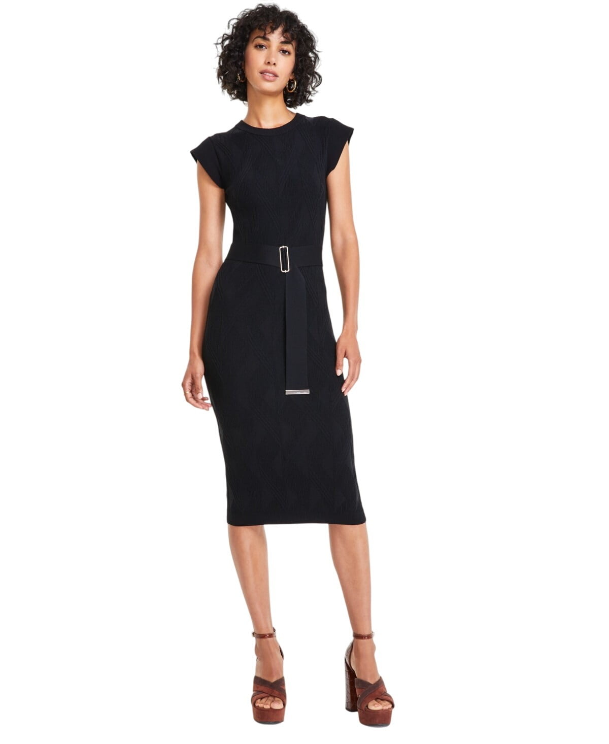 Vince Camuto Womens Textured-Knit Cap-Sleeve Midi Dress Black L -  Walmart.com