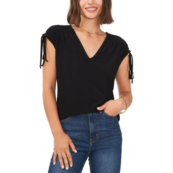 Vince Camuto Womens Tie Shoulder V Neck Sleeveless Blouse Top, Black, Small