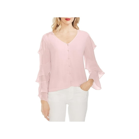 Vince Camuto Womens Tiered Ruffle Long Sleeve Button Front Blouse Pink Haze XS