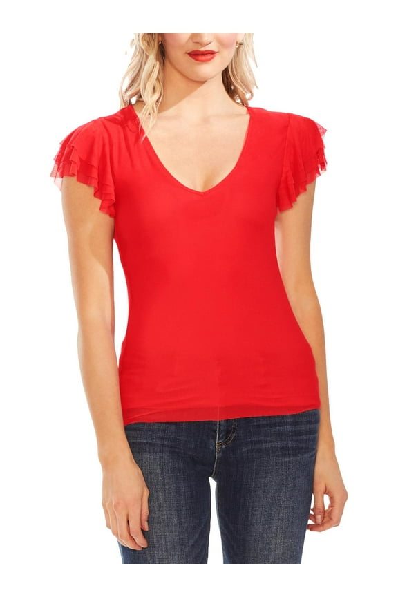 Womens Tiered Sleeves Mesh Blouse Red XL