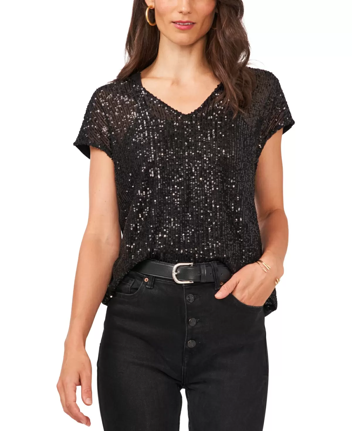 Vince Camuto Womens V-Neck Sequin Top, Black - Walmart.com