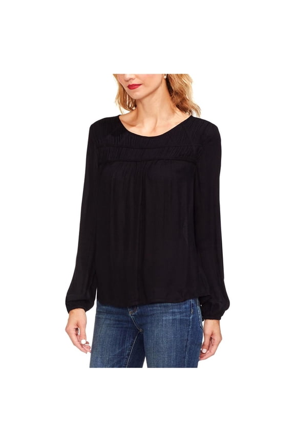 Womens Smocked Yoke Pullover Blouse, Black, X-Small