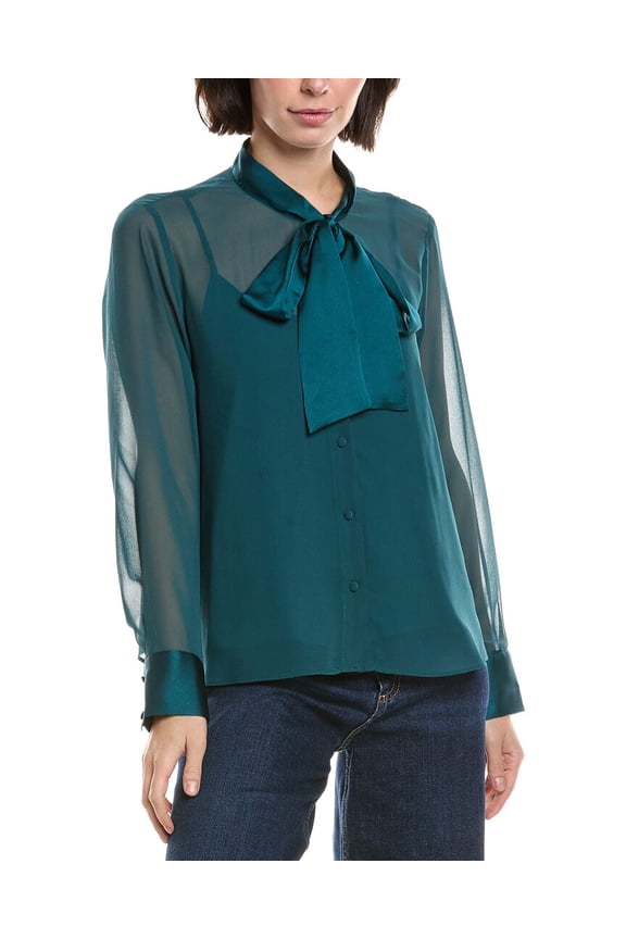 womens Button-Down Tie Neck Top, s, Blue