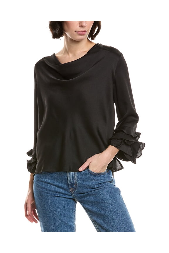 womens Cowl Neck Tiered Ruffle Sleeve Top, l, Black