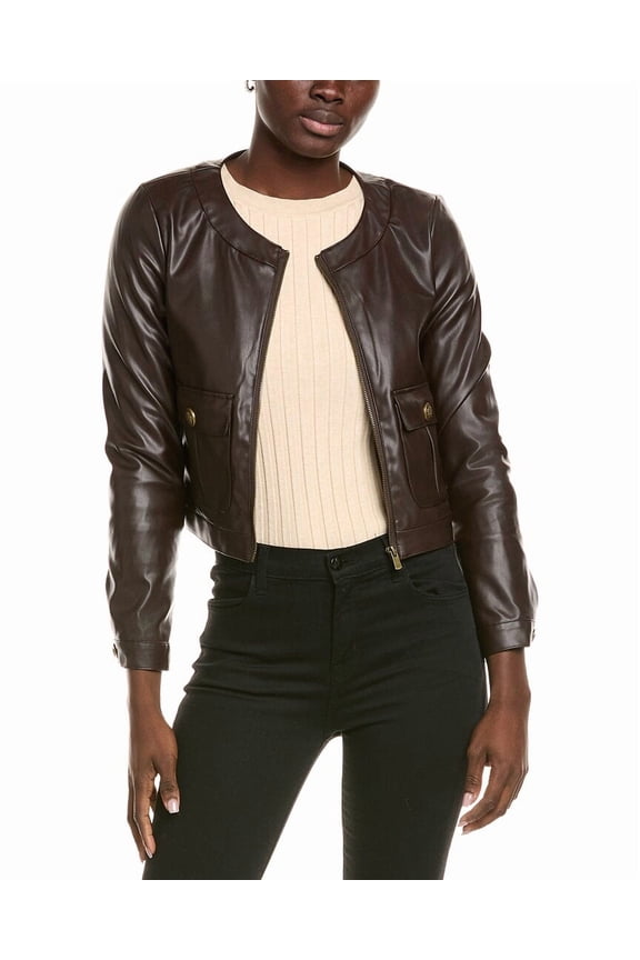 womens Faux Leather Jacket, 6, Brown