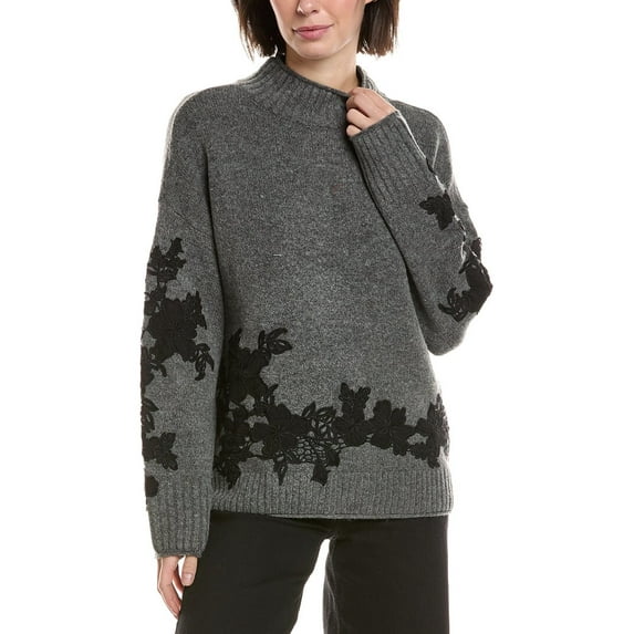 Vince Camuto womens Floral Embellished Mock Neck Sweater, l, White