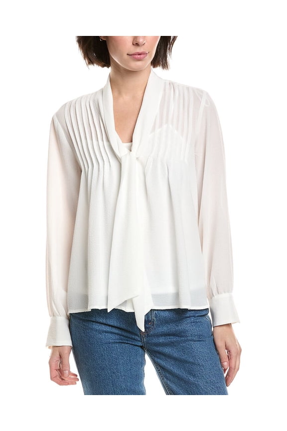 womens Front Tie & Pintuck Blouse, l, White