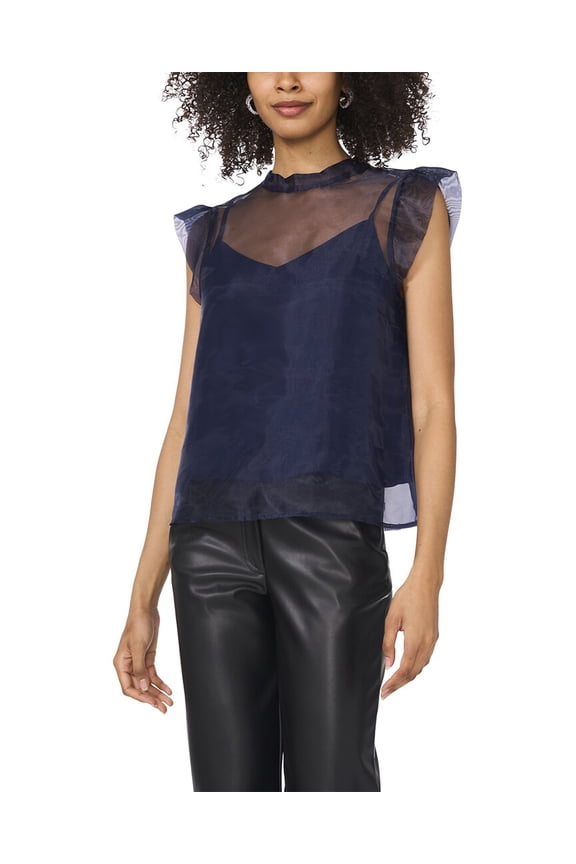 womens High Neck Ruffle Sleeve Tank, XL, Blue