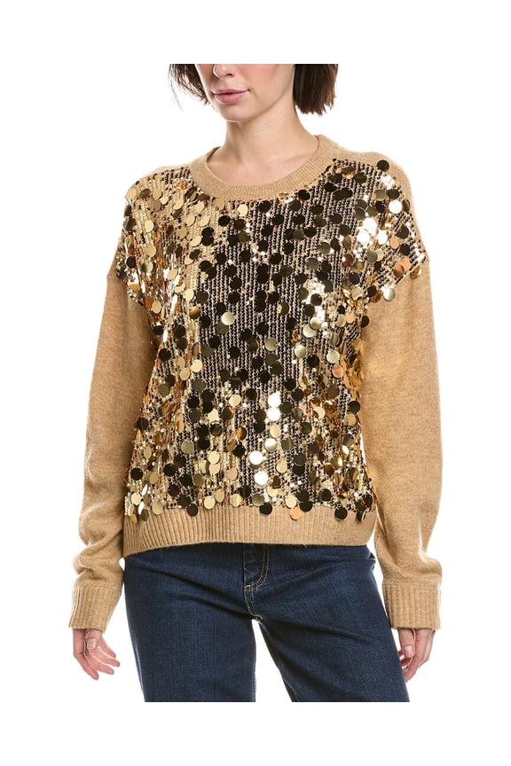 womens Multi Paillette Crewneck, l, Brown