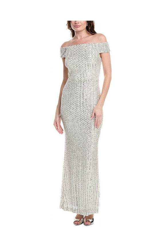 womens Off-The-Shoulder Sequin Gown, 6, Metallic