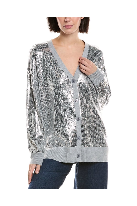 womens Sequin Wool-Blend Cardigan, s, Gray
